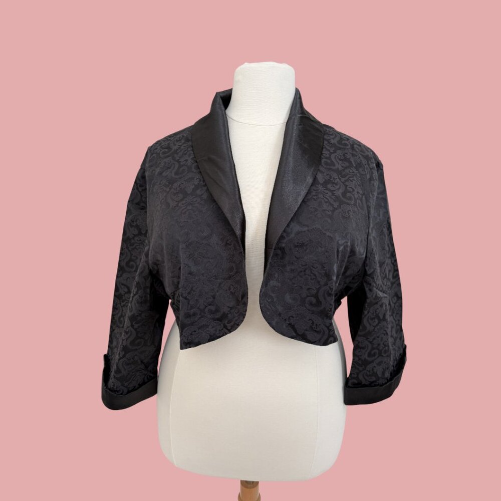 Plus size Black Satin Victorian Damask jacquard Bolero Jacket, 3/4 Sleeves, 3XL - Picture 5 of 9